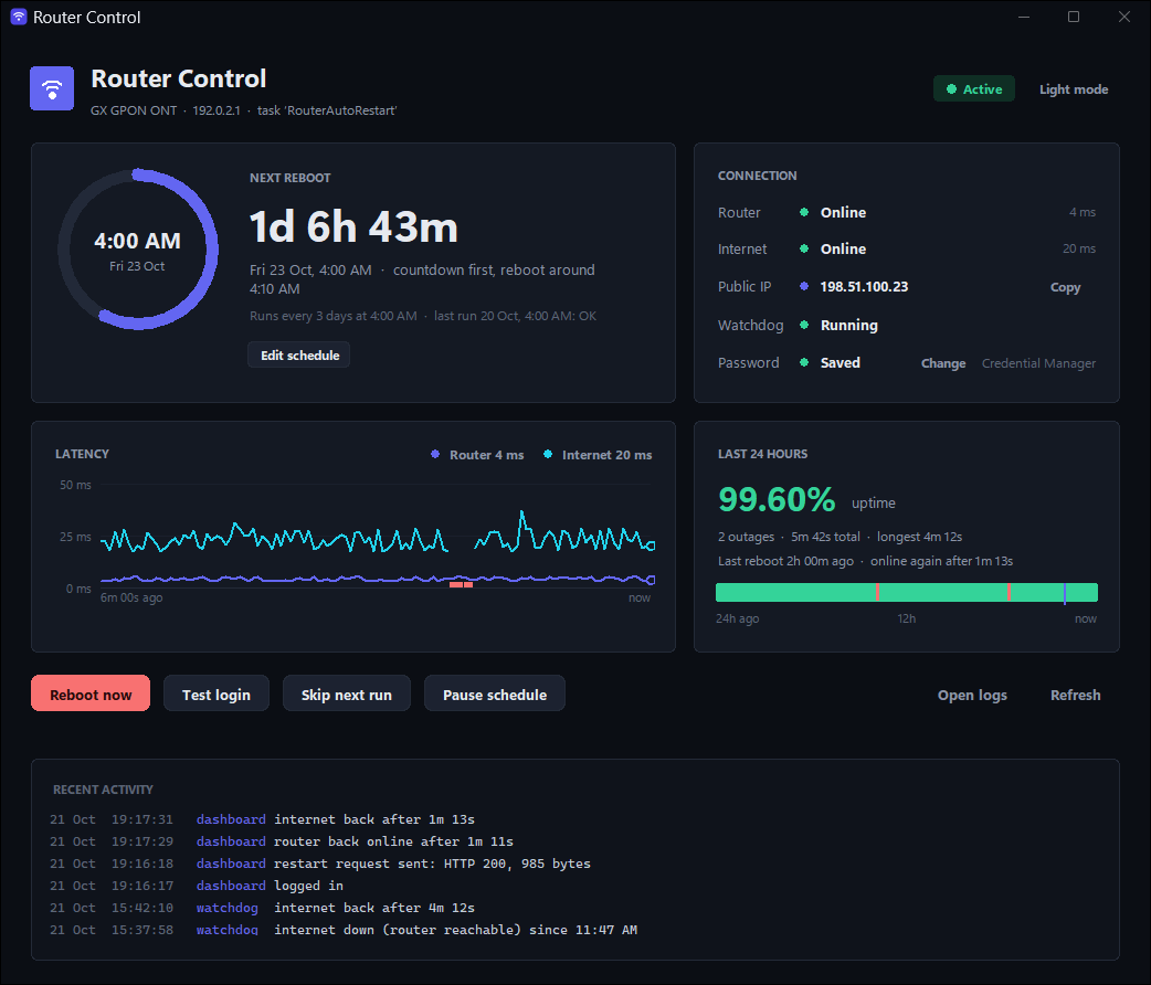 Router Control dashboard with a countdown to the next restart, connection status, latency chart and 24-hour uptime