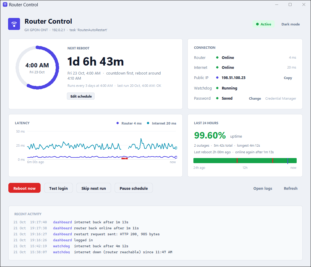 Router Control dashboard with a countdown to the next restart, connection status, latency chart and 24-hour uptime